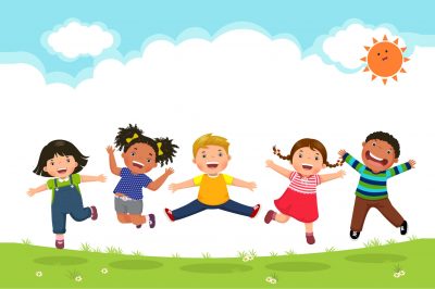 Happy kids jumping together during a sunny day